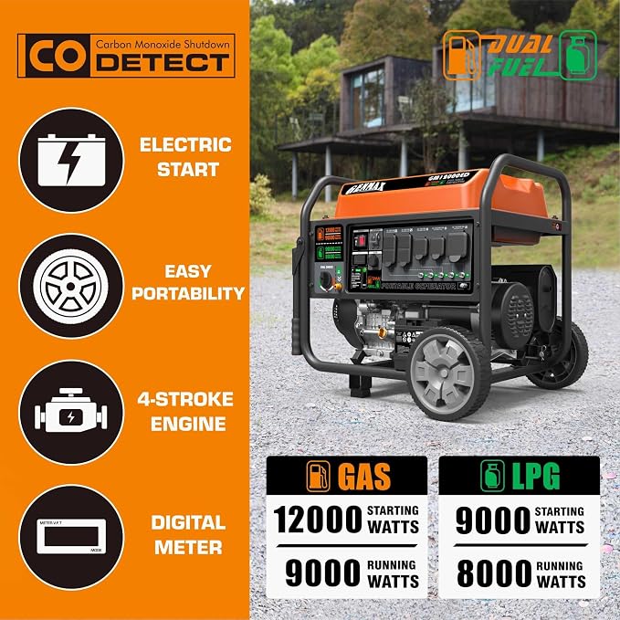GENMAX Dual Fuel Portable Generator,GM12000ED Gas or Propane Powered Electric Start-Home Back Up, EPA Compliant