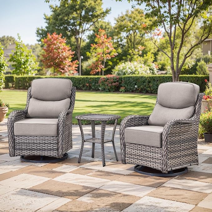 HUMMUH Outdoor Patio Wicker Swivel Rocker Chairs with 6-Inch Thick Cushion High Back 3 PCS Wicker Conversation Set for Porch Balcony Deck