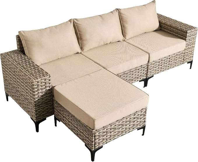 4-Piece Wicker Outdoor Sectional Furniture, Wide Armrest L-Shaped Patio Couch Set with Ottoman, Modern Modular Conversation Sets with Thick Cushion for Backyard Porch Balcony, Beige