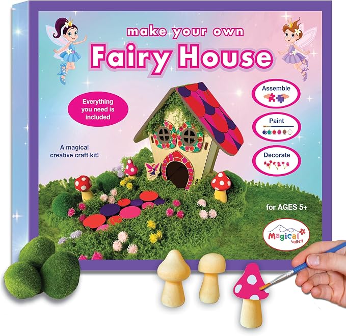 Fairy House Craft Kit for Kids, DIY Wooden Fairy Garden Kit with Paints & Decorations, Arts & Crafts for Kids, Creative Activity, Birthday Gift for Girls Ages 5 6 7 8–12