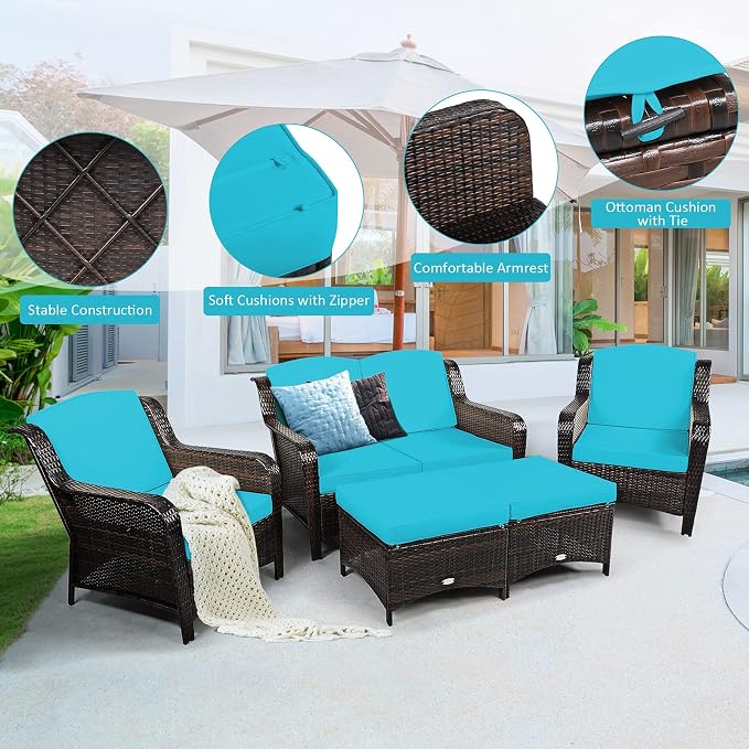 COSTWAY 5PCS Patio Wicker Rattan Furniture Set, Loveseat Sofa with Ottomans and Cushioned Chairs, Conversation Sets for Outdoor Garden Backyard