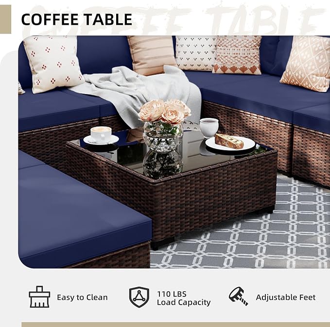 UPHA 9 Pieces Patio Furniture Sets, Wicker Outdoor Sectional Sofa Couch with Coffee Table, Patio Conversation Set for Deck Backyard Garden, Brown Rattan, Navy Blue Cushion