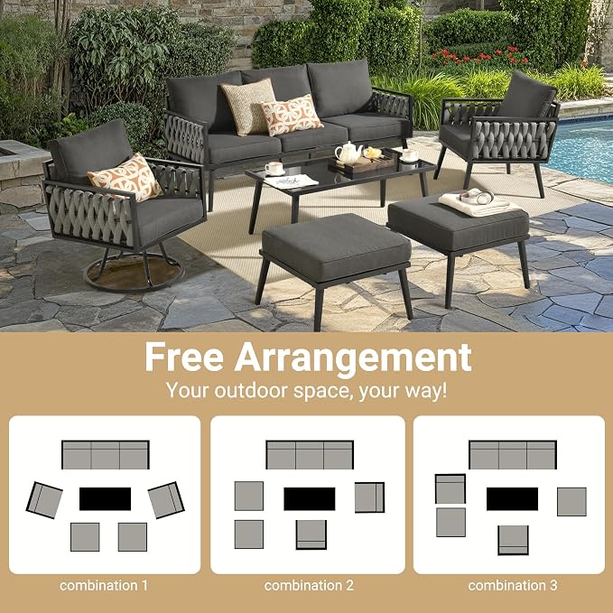 Weaxty Modern Patio Furniture Set 6 Piece, Rope Outdoor Patio Conversation Sets Sectional Sofa Swivel Chairs Table Ottoman, All Weather Metal Balcony Furniture for Backyard Garden, Black