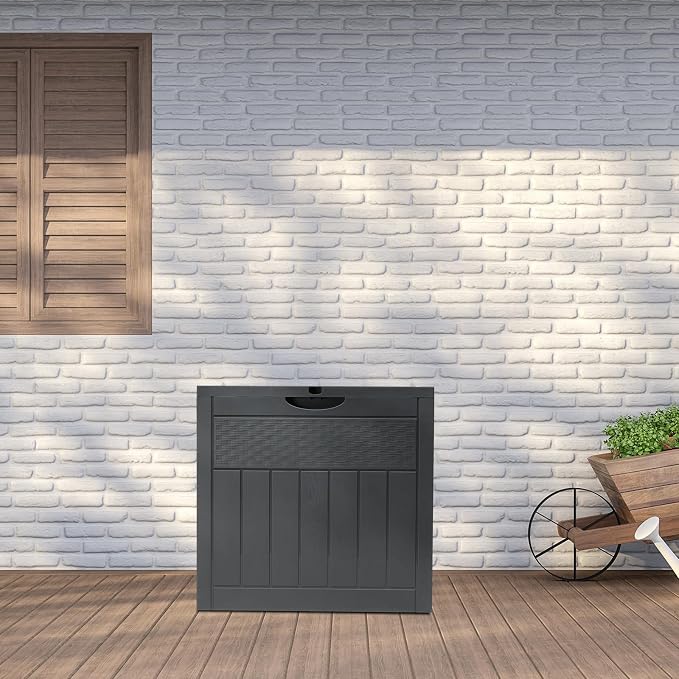 32 Gallon Square Outdoor Deck Box Wood & Rattan Plastic Garden Storage Box Store Items on Patio,Garage,Yard,Gray