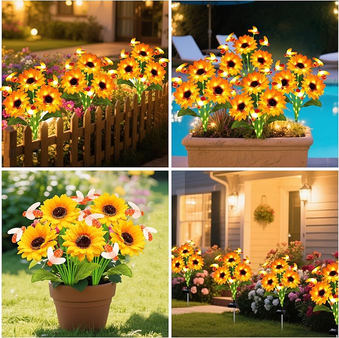 ANGMLN Solar Garden Lights 2 Pack Solar Swaying Bee Lights with Sunflowers, Gifts for Mom Women Mothers Day, Waterproof Firefly Flower Light for Outdoor Decor,Decoration for Patio Yard Landscape
