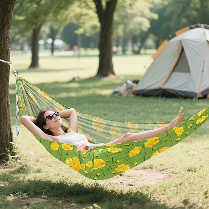 Camping Hammock Outdoor Hammocks for Outside Yellow Buttercups Green Beach Trees Portable Lightweight with Pockets Tree Straps Indoor