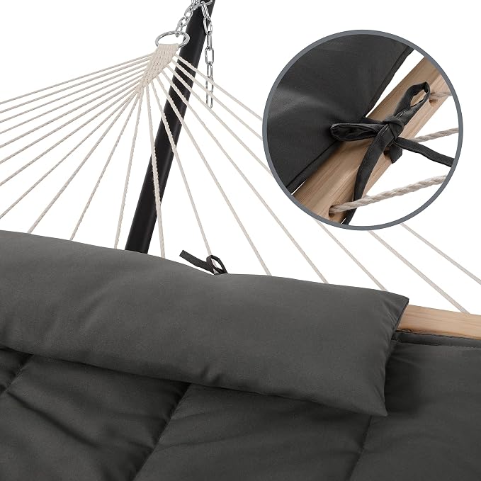 SUNCREAT Hammocks Double Cotton Rope Hammock with Polyester Pad, Heavy Duty Hammock with Wooden Stand, Dark Gray