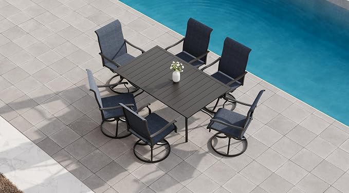 Anmutig 7-Piece Outdoor Dining Set, 6 Swivel Patio Chairs & 60'' Rectangular Dining Table with All Weather Frame Furniture Set - Navy Style1