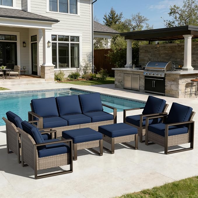 Joyside Outdoor Patio Chairs, 7 Pieces Wicker Rattan Furniture Set, 4 Patio Chairs, 1 Sofa and 2 Ottoman, Metal Wide Armrest, Thick Cushions and Deep Seating for Garden, Backyard, Porch, Deck