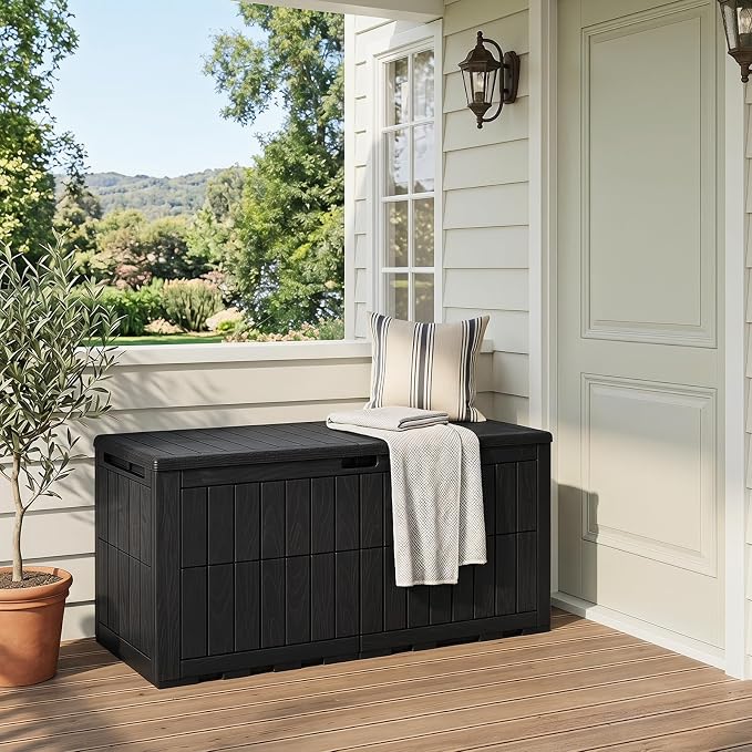 Tangkula 120 Gallon Outdoor Storage Box, Waterproof PP Resin Patio Storage Box with Lockable Lid for Indoor & Outdoor Use, 2-in-1 Rattan Design Deck Box for Cushions, Garden Tools