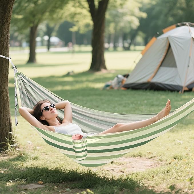 Camping Hammock Outdoor Hammocks for Outside Green Cream Stripe Beach Trees Portable Lightweight with Pockets Tree Straps Indoor