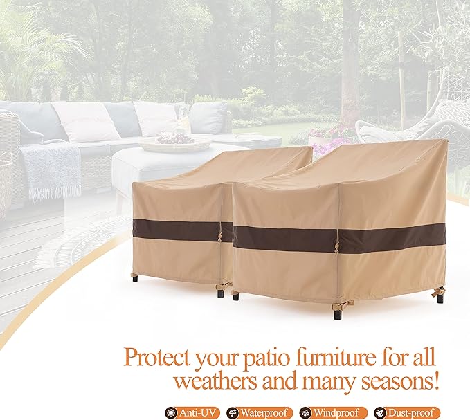 WJ-X3 Patio Chair Cover, Outdoor Lounge Cover, Heavy Duty, Waterproof Lawn Chair Covers, 43W x 42D x 42H, Beige/Coffee, 2-Pack