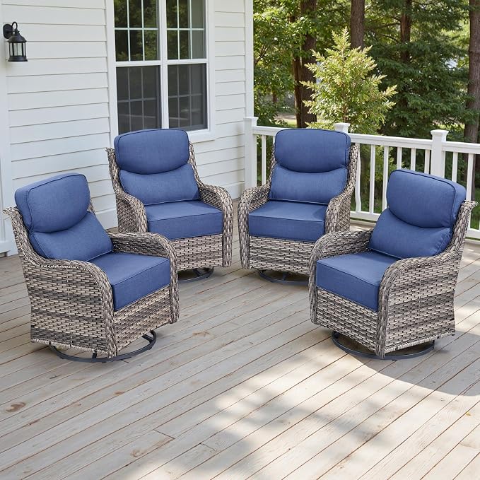 Rilyson Outdoor Swivel Rocker Chairs - All Weather Resistant Wicker Patio Furniture Set of 4 with High Back and 6 inch Thick Cushions for Deck Porch Yard and Poolside, Mixed Grey/Blue