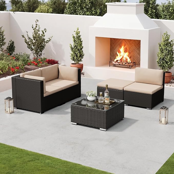 Oakcloud 5-Piece Outdoor Patio Furniture Sofa Set Black Rattan Wicker Sectional Conversation Sets with Glass Top Table and Cushions(Brown)