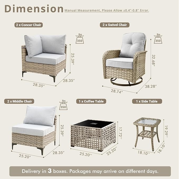 8 Pieces Patio Sectional Furniture Set, Outdoor Wicker Sectional Couch with High Back Swivel Rocker Chairs Solar Lights Table, Modern Conversation Set for Porch Balcony Backyard, Gray