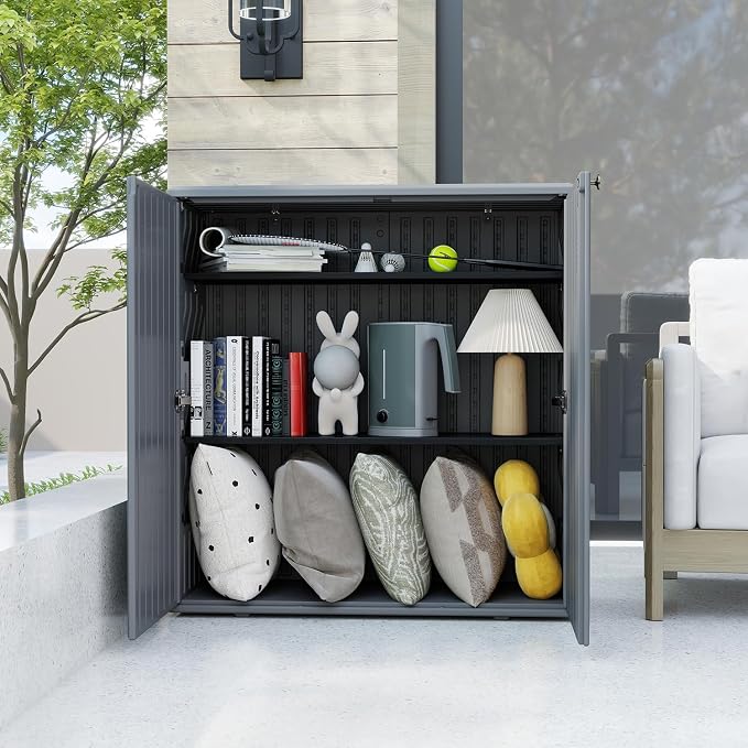 HOMSPARK Indoor/Outdoor Storage Cabinet with Doors and Shelf, 34”x15”x36” HDPE Plastic Storage Box Waterproof for Patio, Garden, Balcony, Multi-Purpose for Daily Tools, Grey