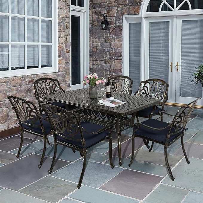 VIVIJASON 7-Piece Outdoor Furniture Dining Set, All-Weather Cast Aluminum Patio Conversation Set, Include 6 Cushioned Chairs and a Rectangle Table with Umbrella Hole, Navy Blue Cushion
