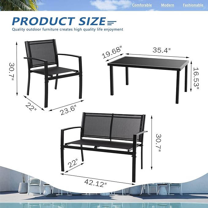 Vongrasig 4 Pieces Patio Furniture Sets,Outdoor Patio Conversation Sets with Glass Coffee Table, Small Porch Balcony Furniture, Patio Table and Chairs Set for Garden, Backyard (Black)