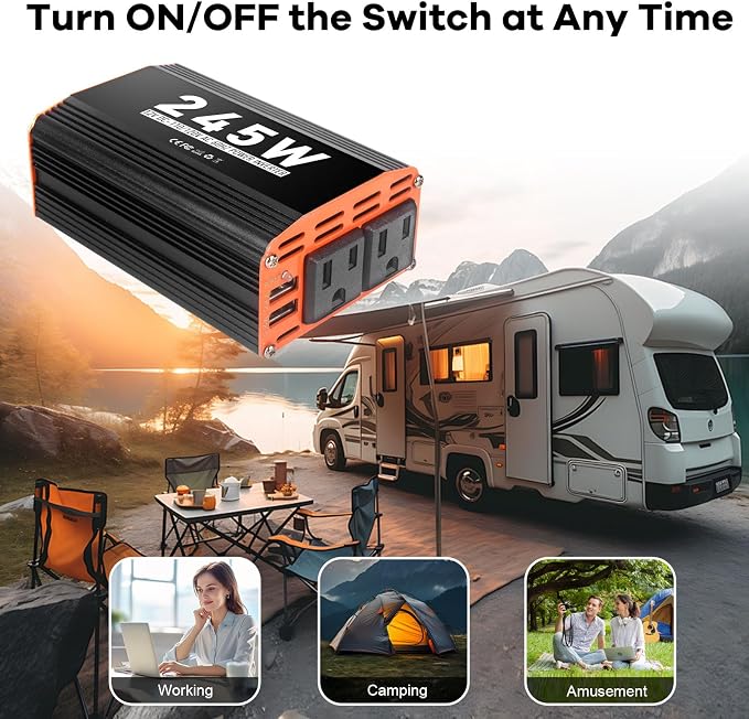 245W Car Power Inverter 12V AC to 110V/120V DC Converter Peak Power 490W Indoor & Outdoor Use with 2 AC Outlets & 2 USB Ports Car Laptop Charger Car Adapter
