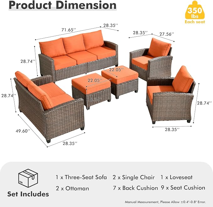 CAODOC Patio Furniture Set, Outdoor Wicker Furniture with Ottomans, 6 Pieces Patio Sectional Sofa Couch Conversation Set for Garden Poolside Backyard, Brown Rattan Red Cushions
