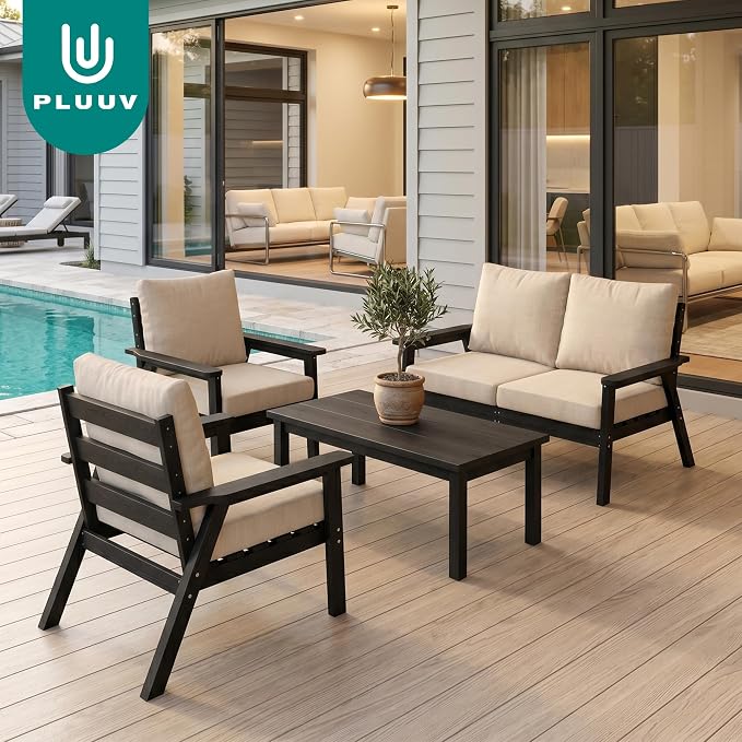 PLUUV 5-Piece HDPE Patio Furniture Set, Outdoor Sectional Conversation Set with Thick Washable Cushions & Coffee Table, All-Weather Modular Couch, Black Frame with Khaki Cushion
