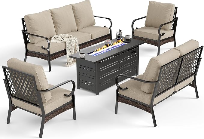 SUNSHINE VALLEY 5 Piece Metal Outdoor Patio Furniture Sets with Firepit Table, Patio Conversation Sets 1 3-Seater Sofa, 1 2-Seater Loveseat, 2 Single Sofa with 5.75" Cushion for Backyard Deck, Beige