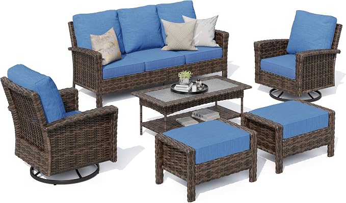 Patio Furniture Set with High Back Swivel Chairs, All-Weather Outdoor Wicker Sofa with Ottomans, 6 Pieces Deep Seating Patio Conversation Couch Sets with 5.5" Cushions for Lawn Deck Backyard, Blue