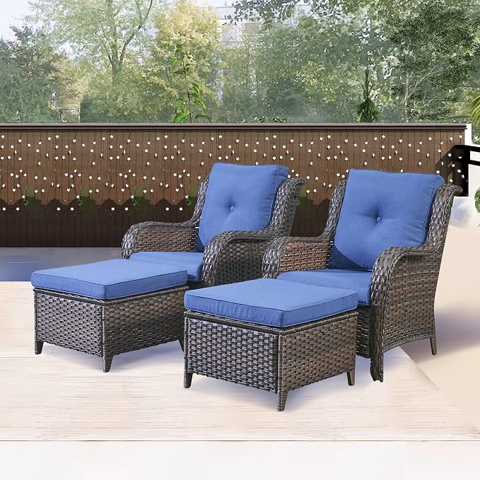 Rilyson Luxury 4 Pieces Patio Wicker Furniture Ottomans, Wicker Patio Chairs Set of 2 with Ottoman, Rattan Outdoor Porch Chair with Thick Cushion for Balcony Deck Yard and Porch (Brown/Blue)