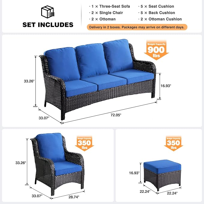 ovios 5-Pieces Patio Furniture Set, Outdoor Wicker Sofa Couch with Chairs Ottomans Comfy Cushions, High Back Modern All Weather Conversation Set, Brown Rattan, Navy Blue