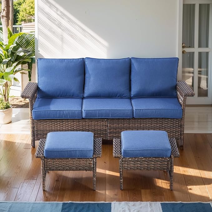 Patio Conversation Set: Wicker Sofa with 2 Rattan Ottomans, Blue Cushions, 3pcs for Patio, Garden, Balcony, Sunroom, Backyard, Deck, Poolside