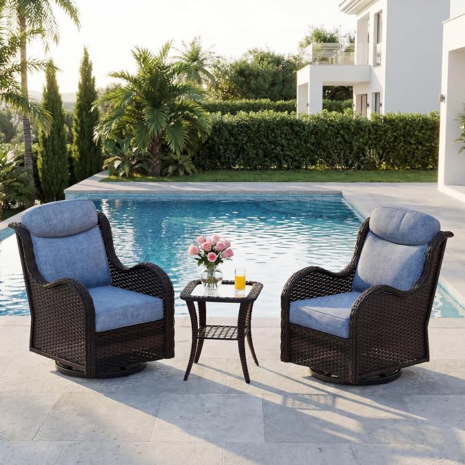 3 Pieces Outdoor Swivel Chairs Set of 2 with Rattan Side Table, Weather-Resistant Wicker High Back Swivel Rocker Chairs, Patio Conversation Set for Outside Porch Deck Garden,Blue
