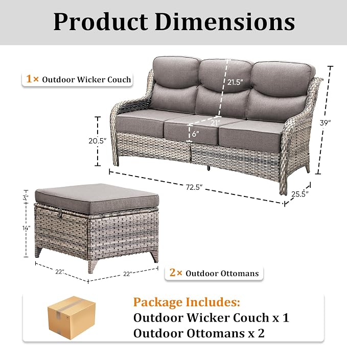 3PCS Patio Furniture Sofa Set with 6" Thick Cushions, High Back Wicker Sectional Outdoor Sofa with Ottomans, Outdoor Seating Furniture High Back Conversation Set for Balcony Deck Porch Backyard, Grey