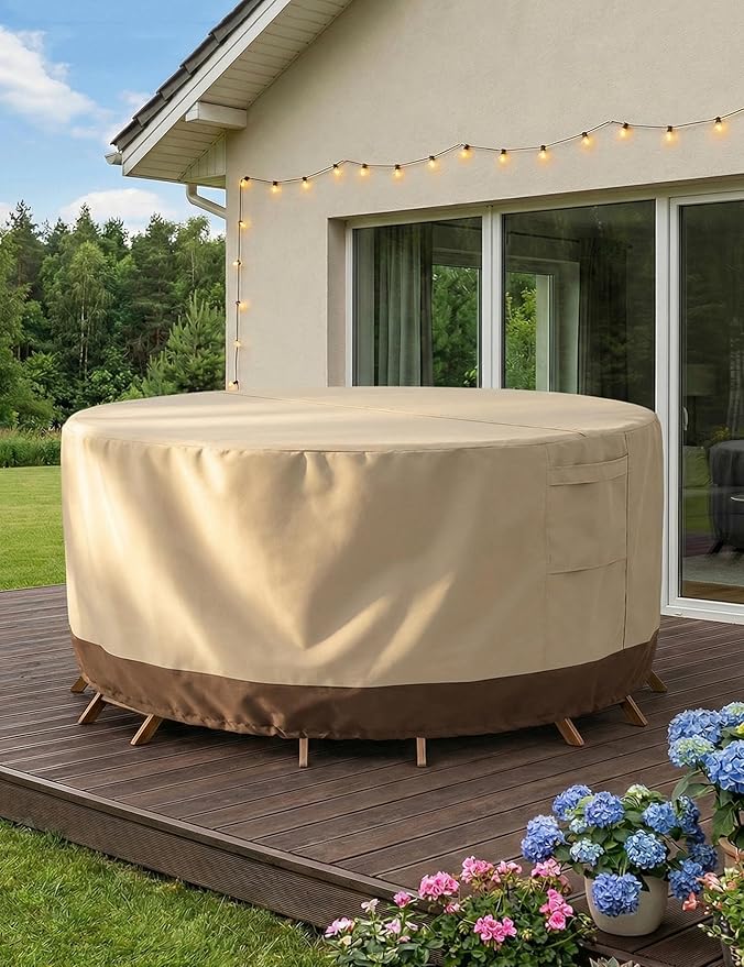Vailge Round Patio Furniture Covers, 100% Waterproof Outdoor Table Chair Set Covers, Anti-Fading Cover for Outdoor Furniture Set, UV Resistant (Beige&brown, 110"DIAx28"H)