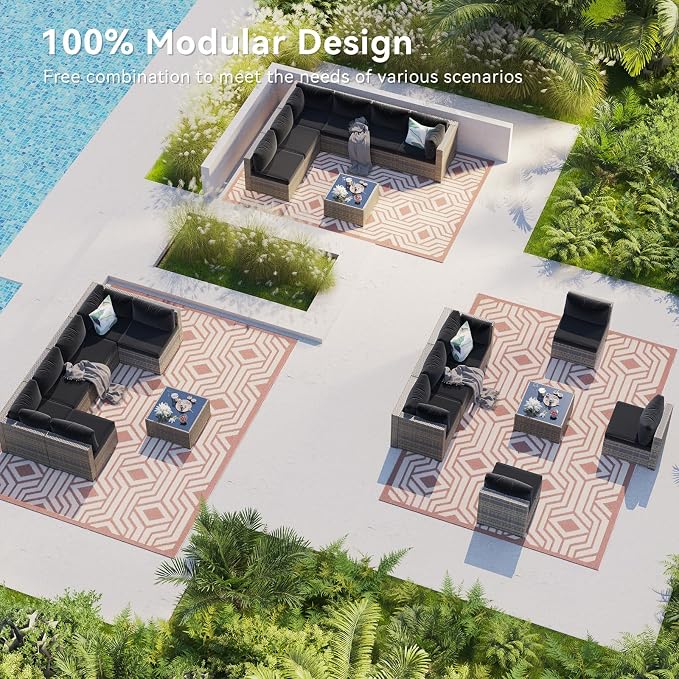 LazySunsets 7 Piece Outdoor Patio Furniture Set with Coffee Table, Outdoor Patio Furniture Sets with 4'' Thicken Cushion, Wicker Rattan Outdoor Conversation Set for Backyard, Black