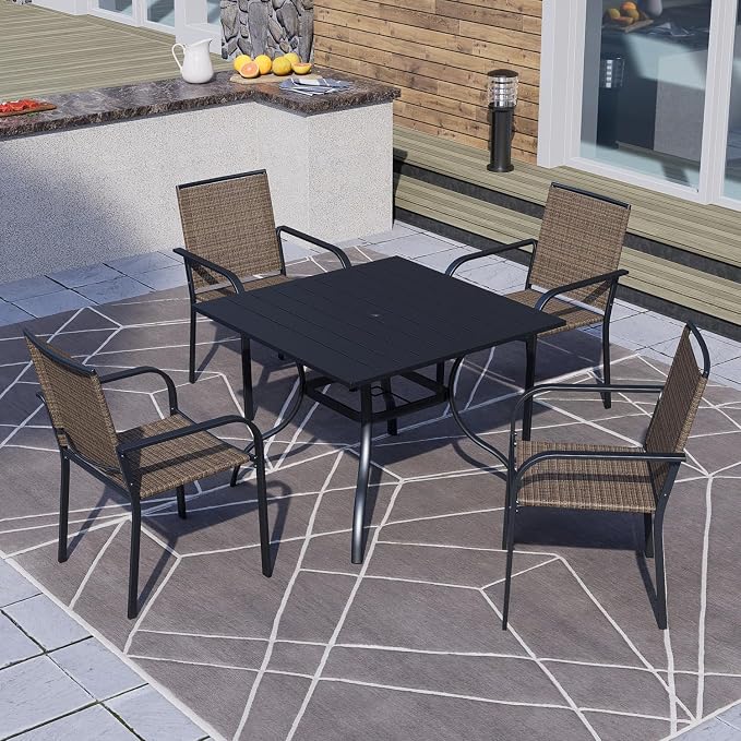 Anmutig 5 Piece Patio Dining Set, Outdoor Stackable Chairs and 35" Square Metal Patio Table with 1.57" Umbrella Hole for Garden Backyard Deck, Brown