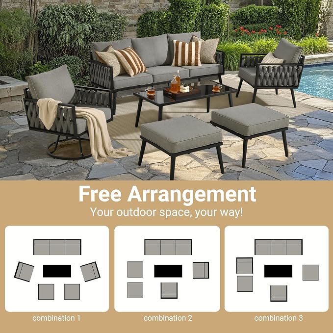 Weaxty Modern Patio Furniture Set 6 Piece, Rope Outdoor Patio Conversation Sets Sectional Sofa Swivel Chairs Table Ottoman, All Weather Metal Balcony Furniture for Backyard Garden, Light Grey