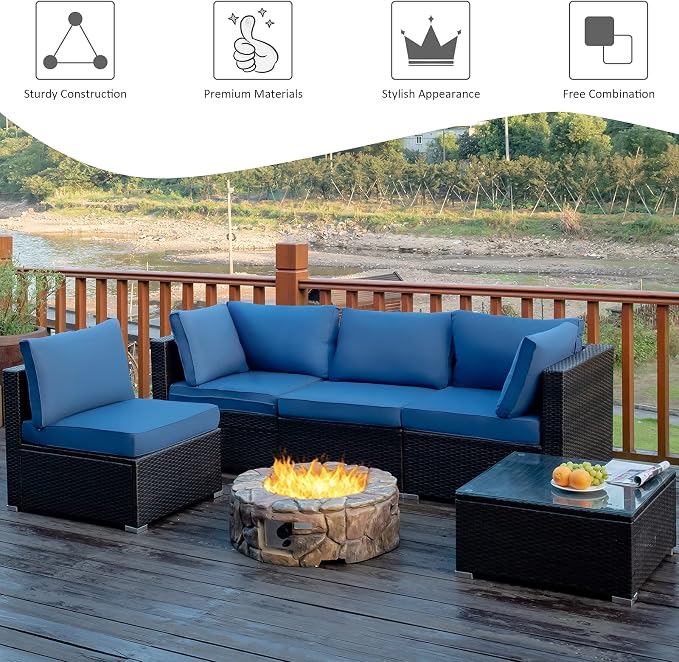 Tangkula 5 Pieces Patio Furniture Set, All Weather Wicker L-Shaped Corner Sofa Set w/Soft Cushions, Outdoor Sectional Conversation Couch Set w/Glass Table for Backyard Garden Poolside (Navy Blue)