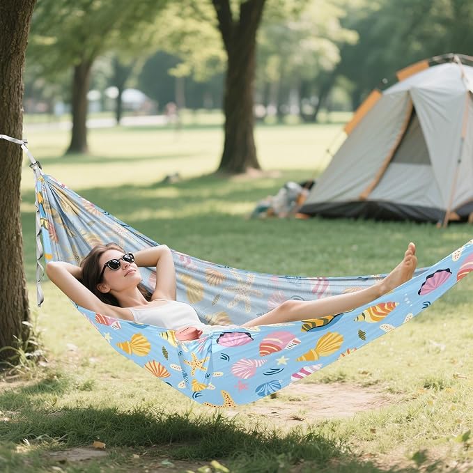 Camping Hammock Outdoor Hammocks for Outside Hand Drawn Sea Shells Beach Trees Portable Lightweight with Pockets Tree Straps Indoor
