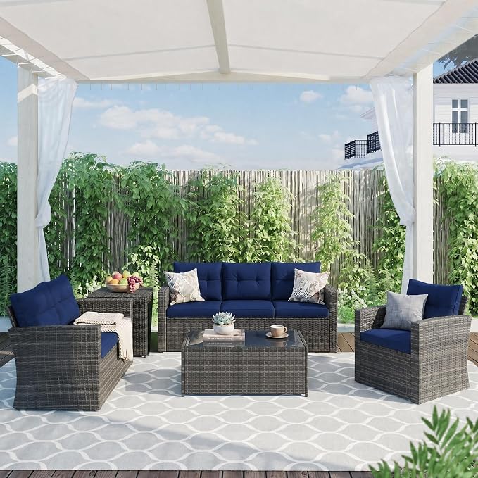 Super Patio 8 Pieces Outdoor Patio Furniture Set, Wicker Patio Conversation Sets with Storage Box, Rattan Outdoor Sectional Sofa Set with Cushions and Coffee Table for Outside Porch, Deck, Navy Blue