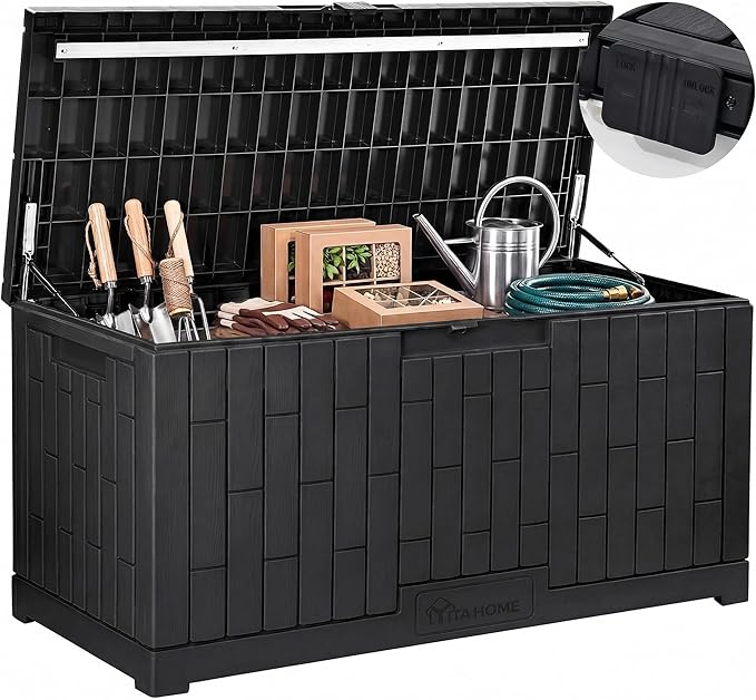 YITAHOME Large Deck Box 120 Gallon Resin Outdoor Storage Box with Slide-Locking Lid, Patio Storage Bin and Bench Seat for Outdoor Pillows, Garden Tools and Pool Supplies, Waterproof Lockable, Black