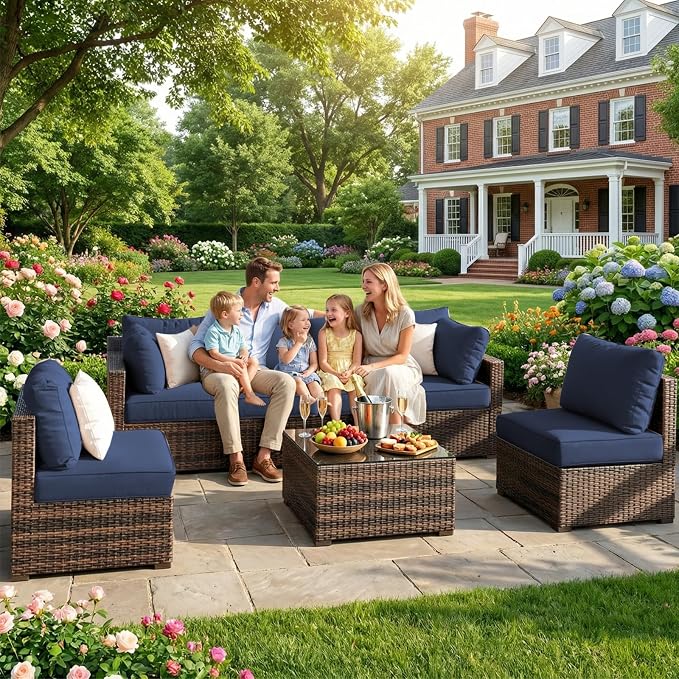 Patio Furniture Set 7 Piece Outdoor Wicker Sectional Sofa - All Weather High Backrest PE Rattan Couch Conversation Set with Cushion & Glass Top Table for Backyard Deck (Blue, L-7 pcs w/glass table)