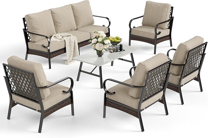 SUNSHINE VALLEY 6 Piece Metal Outdoor Patio Furniture Sets, Patio Conversation Sets 1 3-Seater Sofa, 4 Single Sofa with 5.75" Extra Thick Cushion & Coffee Table, Black Frame Backyard Furniture, Beige