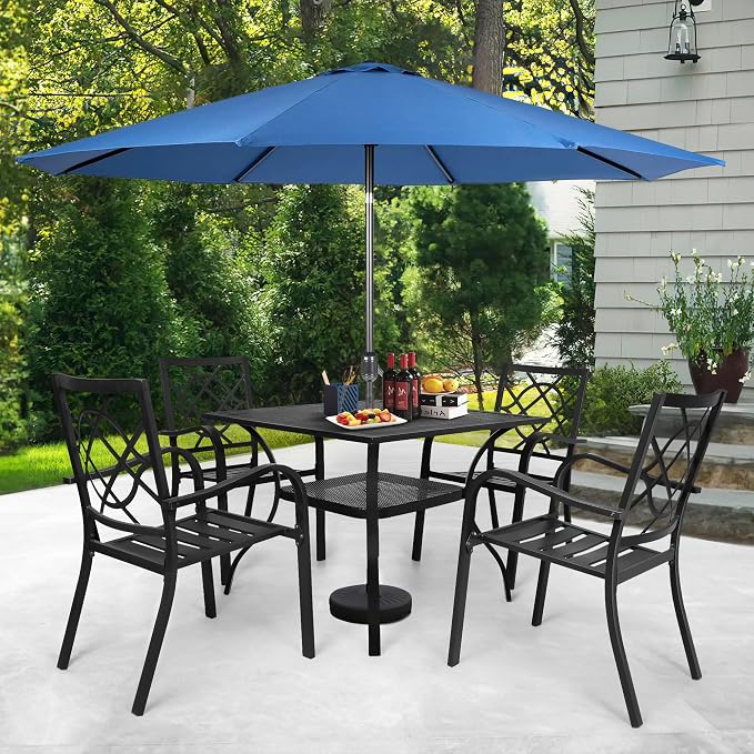 SUNCROWN 6-Piece Outdoor Wrought Iron Chairs and Table Patio Dining Furniture Set - 4 Stackable Metal Chairs, 1 Steel Slat Bistro Table and 1 Dark Blue 9Ft Patio Umbrella for Garden Backyard Deck