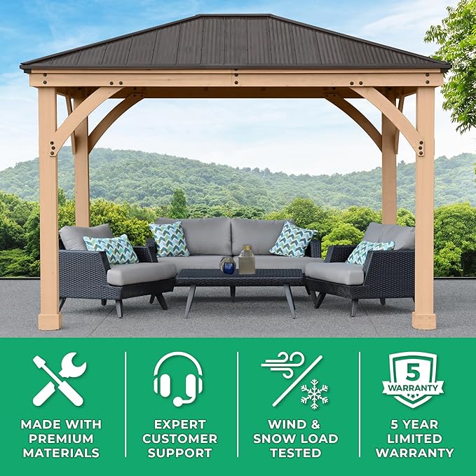 Yardistry 10 x 12 Meridian Cedar Wood Gazebo Pavilion for Patios, Decks, Garden, Backyard, Durable, Aluminum Roof