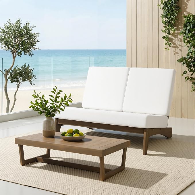 Outdoor Furniture Patio Couch, Weather Resistant Patio Loveseat Sofa Couch with Removable Cushion & Pillows, Teak Wood Frame for Porch & Backyard Seating - Beige
