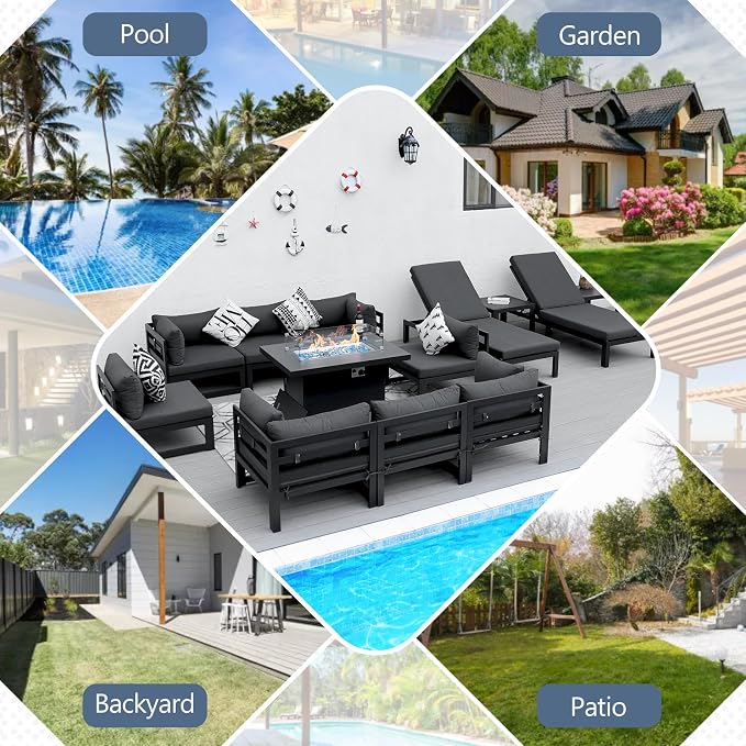 RADIATA 13 Piece Luxury Aluminum Outdoor Sectional Sofa with Chaise Lounge & Firepit, Large Modular Patio Furniture Set, 29" Deep Wide Seating, 500 lbs Heavy Duty Conversation Set for Deck, Dark Gray