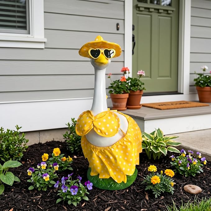 20″ Large Porch Goose Statue Décor - Resin Porch Goose with Yellow Summer Bikini Outfits, Garden Decor Sculpture, White Duck Figurine for Pool/Patio/Path/Lawn, Housewarming Birthday Gift Mum Women Men