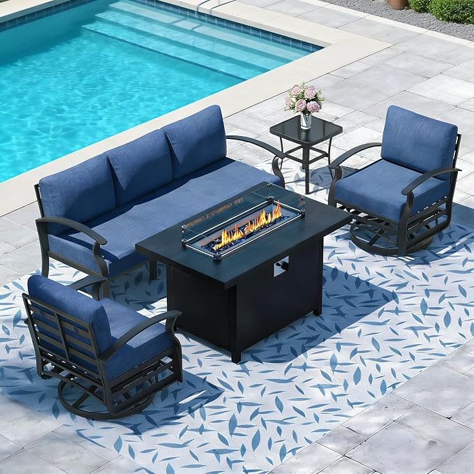 Aluminum Outdoor Patio Furniture Set,5 Pieces 5 Seats Metal Patio Sectional Furniture Set,Patio Conversation Sets with 45" Propane Fire Pit Table,Swivel Rocking Chairs Set,Navy Blue