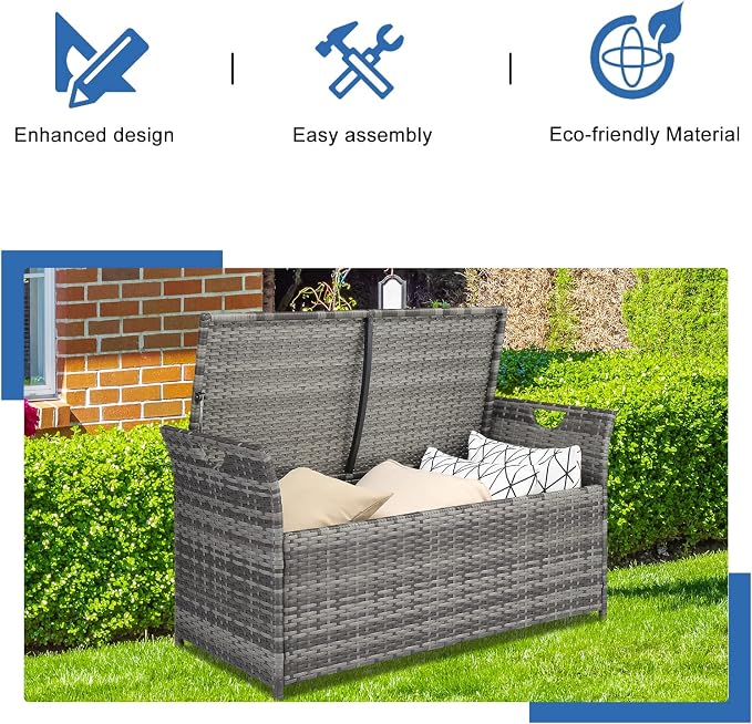 33 Gallon Outdoor Wicker Storage Bench with Cushion, Rattan Storage Box, 2-in-1 Large Capacity Rectangle Garden Storage Box Wicker Deck Box with Handles&Seat for Backyard, Balcony, Poolside (Gray)