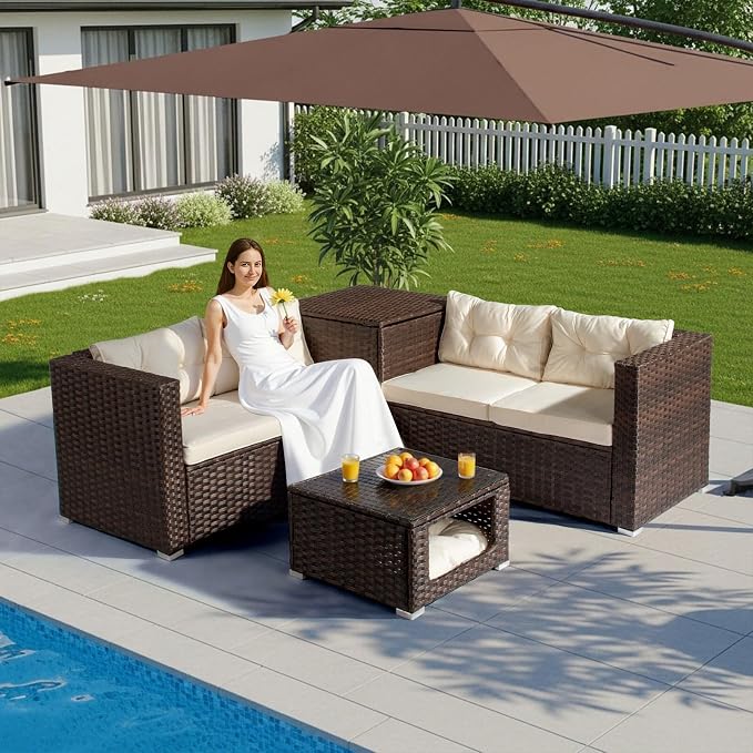 Outvita 4 Piece Outdoor Patio Furniture Set, PE Rattan Conversation Sofa Set, Wicker All-Weather Outside Furniture w/Glass Top Coffee Table with Pet Ped & Hidden Storage for Garden, Balcony (Brown)